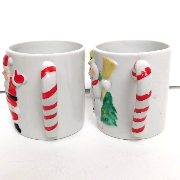 Santa Mugs Set of 2 JSNY Taiwan Candy Cane Handles 3-D Ceramic Hand Painted - Picture 2 of 8